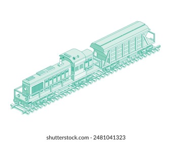 Isometric locomotive with hopper car. Vector illustration. Railway. Object isolated on white background. Industrial transportation. Diesel freight train on rails.