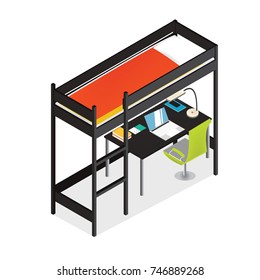 Isometric loft bed interior illustration. Vector wooden bedroom furniture icons. - stock vector