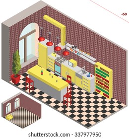 Isometric loft kitchen with brick walls, window,  furniture set and plant