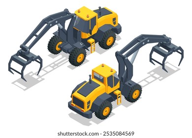 Isometric Log Loader. Loading equipment for logging. Log loader for timber, logs. The log loader moves a stack of pine logs. Lumber industry. Woodworking factory