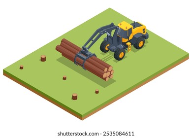 Isometric Log Loader. Loading equipment for logging. Log loader for timber, logs. The log loader moves a stack of pine logs. Lumber industry. Woodworking factory