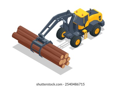 Isometric Log Loader. Loading equipment for logging. Log loader for timber, logs. The log loader moves a stack of pine logs. Lumber industry. Woodworking factory.