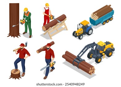 Isometric Log Loader. Loading equipment for logging. Log loader for timber, logs. Tractor with trailer loaded with logs and lumberjack male character holding an axe and wood log.