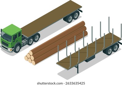Isometric logging truck empty flatbed