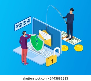 isometric Login into account in email envelope and fishing hook. Internet phishing, hacked login and password. Netwrok and internet security. Anti virus, spyware, Vector illustration in flat style