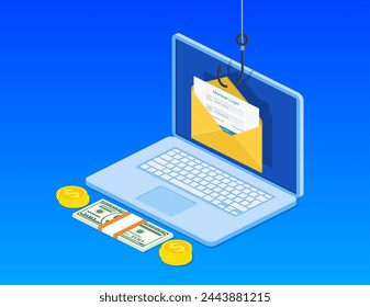 isometric Login into account in email envelope and fishing hook. Internet phishing, hacked login and password. Netwrok and internet security. Anti virus, spyware, Vector illustration in flat style