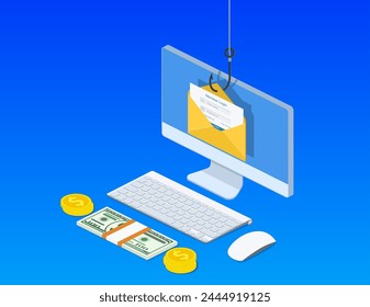 isometric Login into account in email envelope and fishing hook. Internet phishing, hacked login and password. Netwrok and internet security. Anti virus, spyware, Vector illustration in flat style