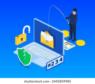 isometric Login into account in email envelope and fishing hook. Internet phishing, hacked login and password. Netwrok and internet security. Anti virus, spyware, Vector illustration in flat style