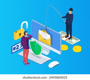 isometric Login into account in email envelope and fishing hook. Internet phishing, hacked login and password. Netwrok and internet security. Anti virus, spyware, Vector illustration in flat style