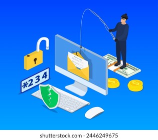 isometric Login into account in email envelope and fishing hook. Internet phishing, hacked login and password. Netwrok and internet security. Anti virus, spyware, Vector illustration in flat style