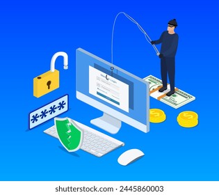 isometric Login into account and fishing hook. Internet phishing, hacked login and password.Computer internet security concept. Anti virus, spyware, malware. Vector illustration in flat style