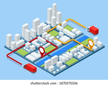 Isometric Logistic cargo mobile courier or freight delivery service transportation. Delivery home and office. City logistics.
