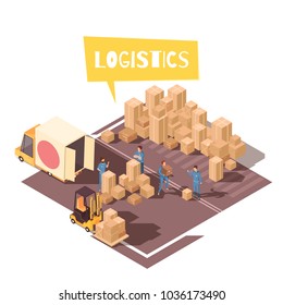 Isometric logistic composition with human characters of warehouse loaders vehicles and bunch of cardboard parcel boxes vector illustration