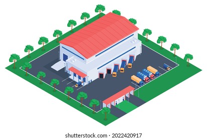 Isometric logistic composition with view of warehouse building with surrounding area and parking with cargo trucks vector illustration