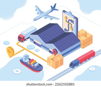 Isometric logistic concept. Ship, truck, train and plane going to warehouse with containers. Transportation of goods and home delivery, online shopping. Map with route. Cartoon 3D vector illustration