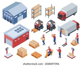 Isometric logistic delivery, distribution warehouse, transportation logistics. Courier or delivery man, cargo truck, forklift vector set. Male employee carrying packages or parcels