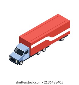 Composición de almacén de entrega logística isométrica con imagen aislada del camión de remolque de carga larga sobre ilustración vectorial de fondo en blanco