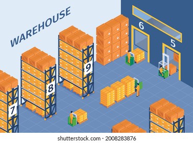 Isometric logistic horizontal composition with indoor view of warehouse building with stacks of boxes and workers vector illustration