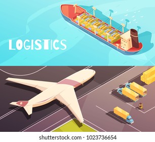 Isometric logistic horizontal compositions set with views of cargo ship upon the sea and freighter aircraft vector illustration