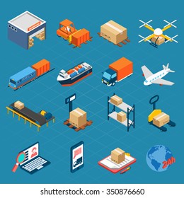 Isometric logistic icons set of water air and ground cargo transportation isolated  vector illustration