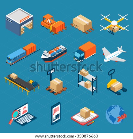 Isometric logistic icons set of water air and ground cargo transportation isolated  vector illustration