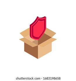 Isometric logistic protection icon , 3d shield symbol in open cardboard box isolated. Shipping guarantee, delivery security concept. Vector Illustration design, infographic, web, app, ad