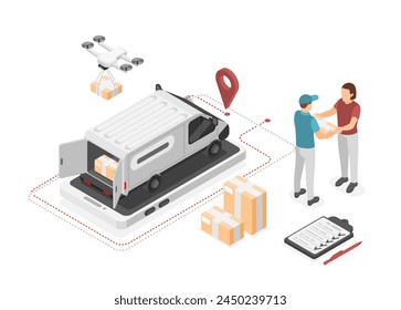 Isometric logistic service worker. Delivery parcels and goods. Courier giving cardboard box to client. Online shop or post, flawless vector concept