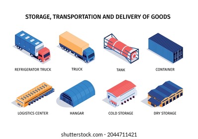 Isometric logistic set of compositions with isolated images of delivery vehicles storage and editable text captions vector illustration