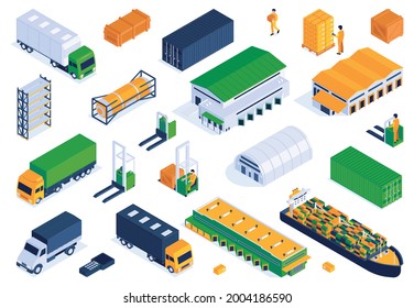 Isometric logistic set of isolated icons with warehouse buildings pallet stacks and trucks with forklift operators vector illustration