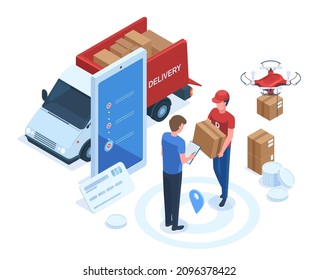 Isometric logistic, shipping service, delivery man carrying parcel. Courier brings package to client, home delivery vector illustration set. Logistics and delivery concept. Ordering products online