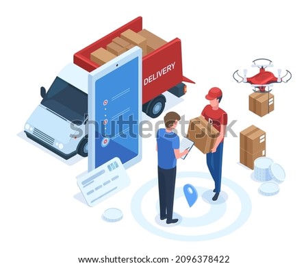 Isometric logistic, shipping service, delivery man carrying parcel. Courier brings package to client, home delivery vector illustration set. Logistics and delivery concept. Ordering products online