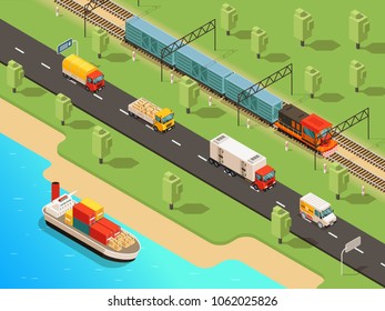 Isometric logistic transportation concept with ship trucks van and freight train transporting different goods vector illustration