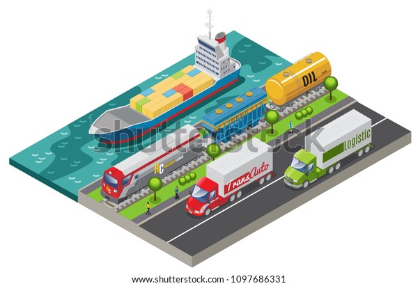Isometric\
logistic transportation concept with ship freight train and trucks\
transporting cargo isolated vector\
illustration