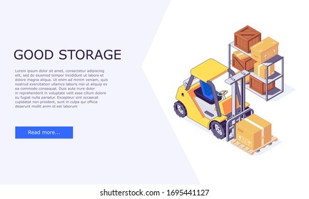 Isometric logistic warehouse boxes trucks forklifts goods and delivery storage banner vector illustration.. 3d box truck forklift goods and warehousing banners design concept