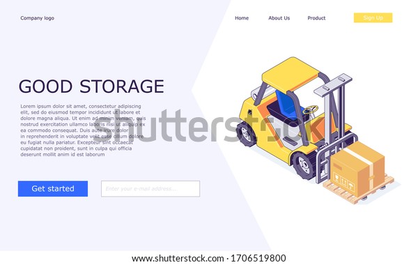 Isometric logistic warehouse\
boxes trucks forklifts goods and delivery web template vector\
illustration.. 3d box truck forklift goods and warehousing\
templates design