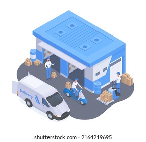 Isometric logistic, warehouse exterior, delivery service concept. Warehouse building, logistics transport and delivery men vector symbols illustration. Delivery and shipping service