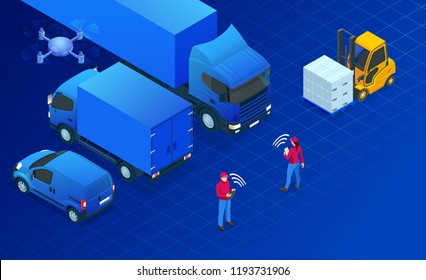 Isometric logistics automation concept. Delivery concept with isometric vehicles for cargo transport. International trade logistics network.