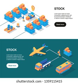 Isometric logistics banners set with text more button and storage facilities with different kinds of transport vector illustration