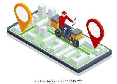 Isometric Logistics, Business logistics, Logistic, Online delivery, Export and Import. Delivery Motorcycle, Delivery man riding a scooter. Delivery home and office. City logistics.