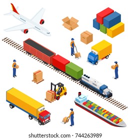 Isometric Logistics composition of different transportation distribution vehicles, delivery elements. Air cargo trucking, rail transportation, maritime shipping.