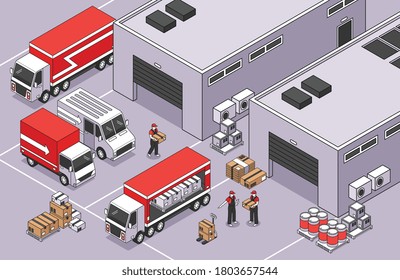 Isometric logistics composition with outdoor scenery of warehouse area with buldings parcel boxes vans and trucks vector illustration