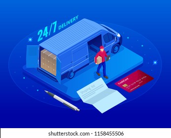 Isometric Logistics and Delivery 24-7 concept. Delivery home and office. City logistics. Delivery truck with cardboard box and delivery man. Vector illustration