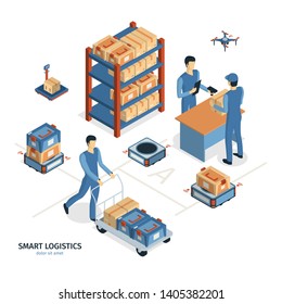 Isometric logistics delivery background composition with images of shelves parcel boxes and human characters of workers vector illustration