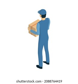 Isometric logistics delivery composition with human character of delivery worker on blank background vector illustration