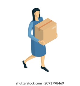 Composición de entrega logística isométrica con el carácter humano del trabajador de entrega en ilustración vectorial de fondo en blanco