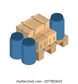 Isometric logistics delivery composition with isolated images of wooden pallets with boxes and plastic barrels vector illustration
