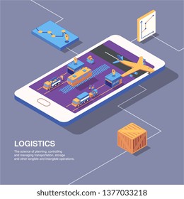 Isometric logistics delivery composition with smartphone image graphs icons of transport and parcel boxes with text vector illustration
