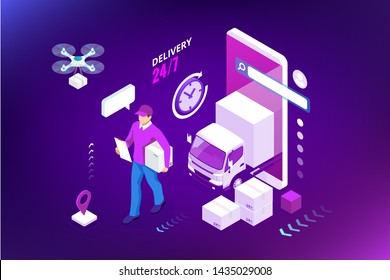 Isometric Logistics and Delivery concept. Delivery home and office. City logistics. Warehouse, truck, forklift, courier, drone and delivery man.