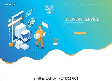 Isometric Logistics and Delivery concept. Delivery home and office. City logistics. Warehouse, truck, forklift, courier, drone and delivery man.