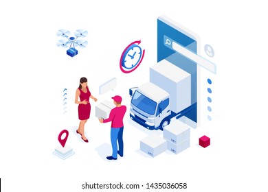 Isometric Logistics And Delivery Concept. Delivery Home And Office. City Logistics. Warehouse, Truck, Forklift, Courier, Drone And Delivery Man.